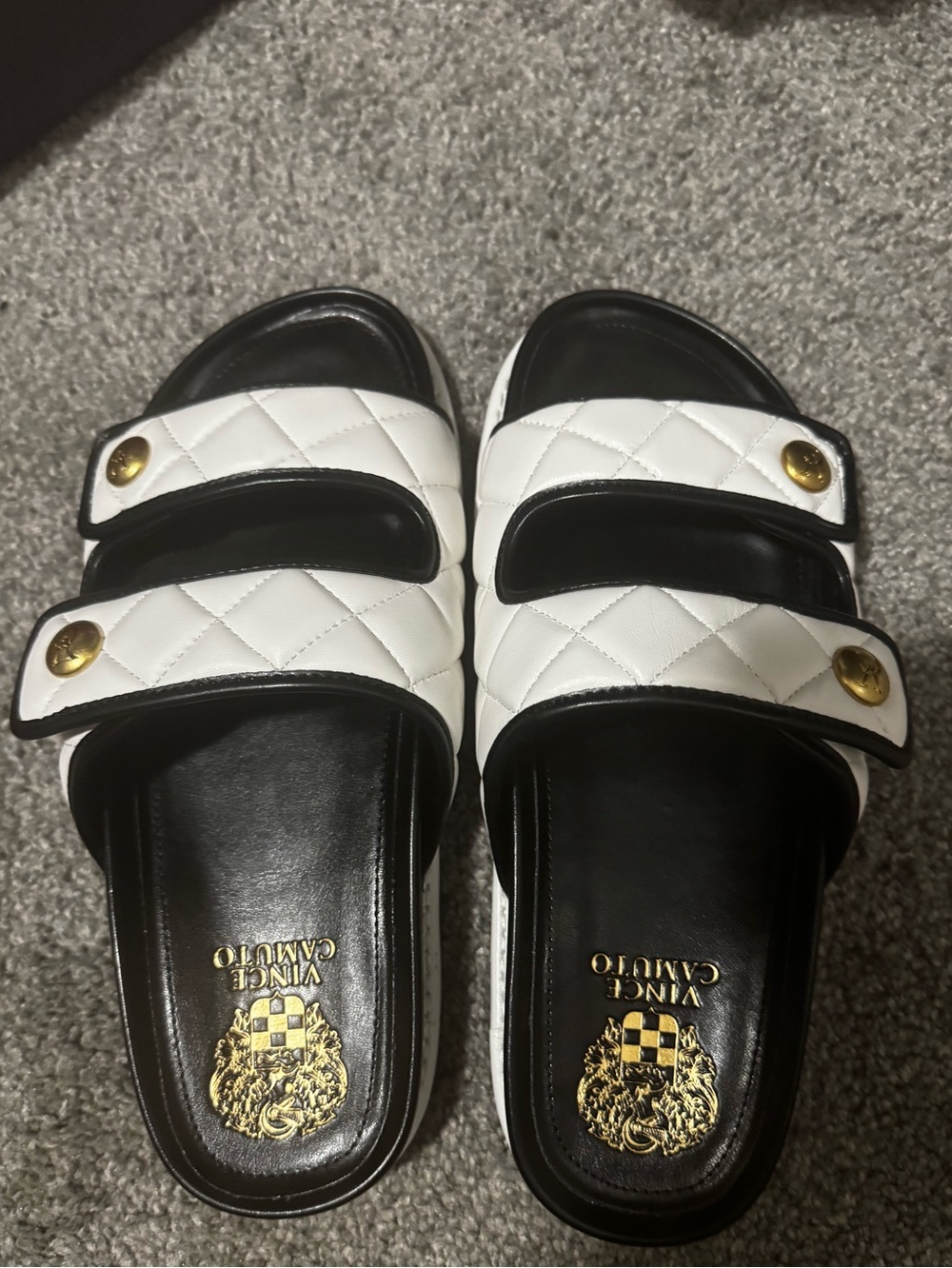 Vince Camuto Black and White Quilted Double-Strap Slide Sandals